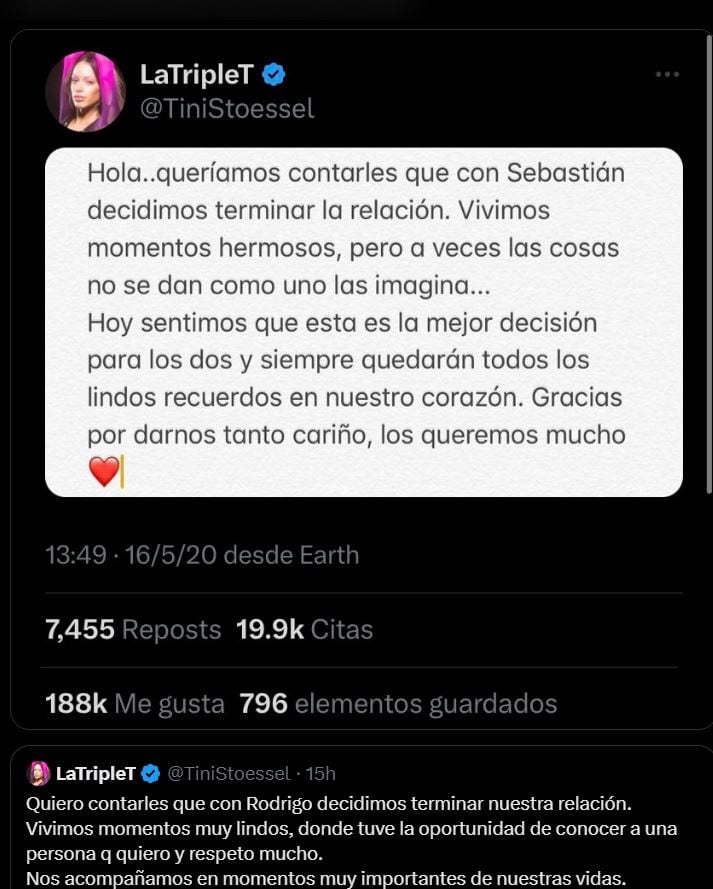 Tini Stoessel comunicó de la misma manera tanto su separación con Rodrigo De Paul como con Sebastián Yatra.