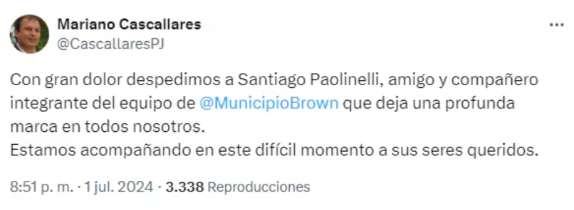 El tuit del intendente de Almirante Brown. Captura: X / @CascallaresPJ