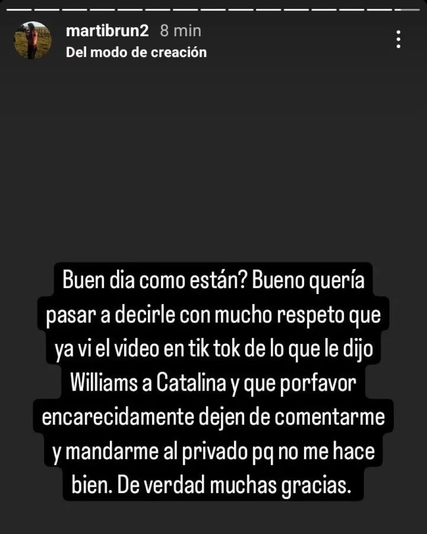 La novia de Williams se expresó tras el coqueteo de su novio con Catalina.