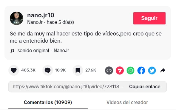 El video cuenta con más de 405mil likes y  casi 11mil comentarios en sólo 5 días (Captura)