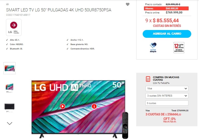 En contraste, en la tienda oficial de Musimundo en Argentina, el mismo modelo de televisor tiene un precio de $829.999.