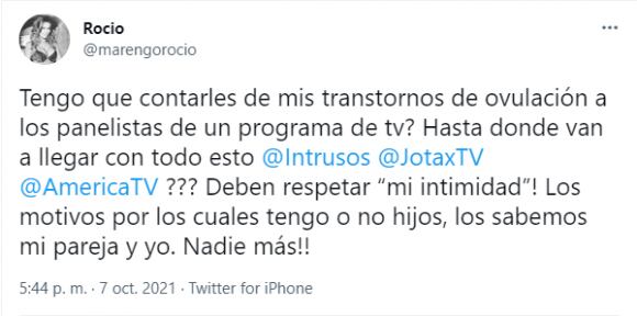 El descargo de Rocío Marengo contra Intrusos en Twitter