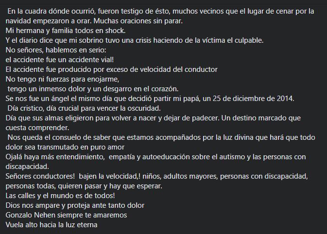 El posteo de la tía del joven que murió atropellado en Nochebuena: dicen que no sufrió una crisis y culpó al conductor que lo embistió.