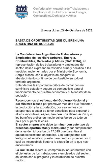 El comunicado de la Confederación Argentina de Trabajadores y Empleados de Hidrocarburos Energía Combustibles Derivados y Afines. Foto X / @CATHEDAINFORMES