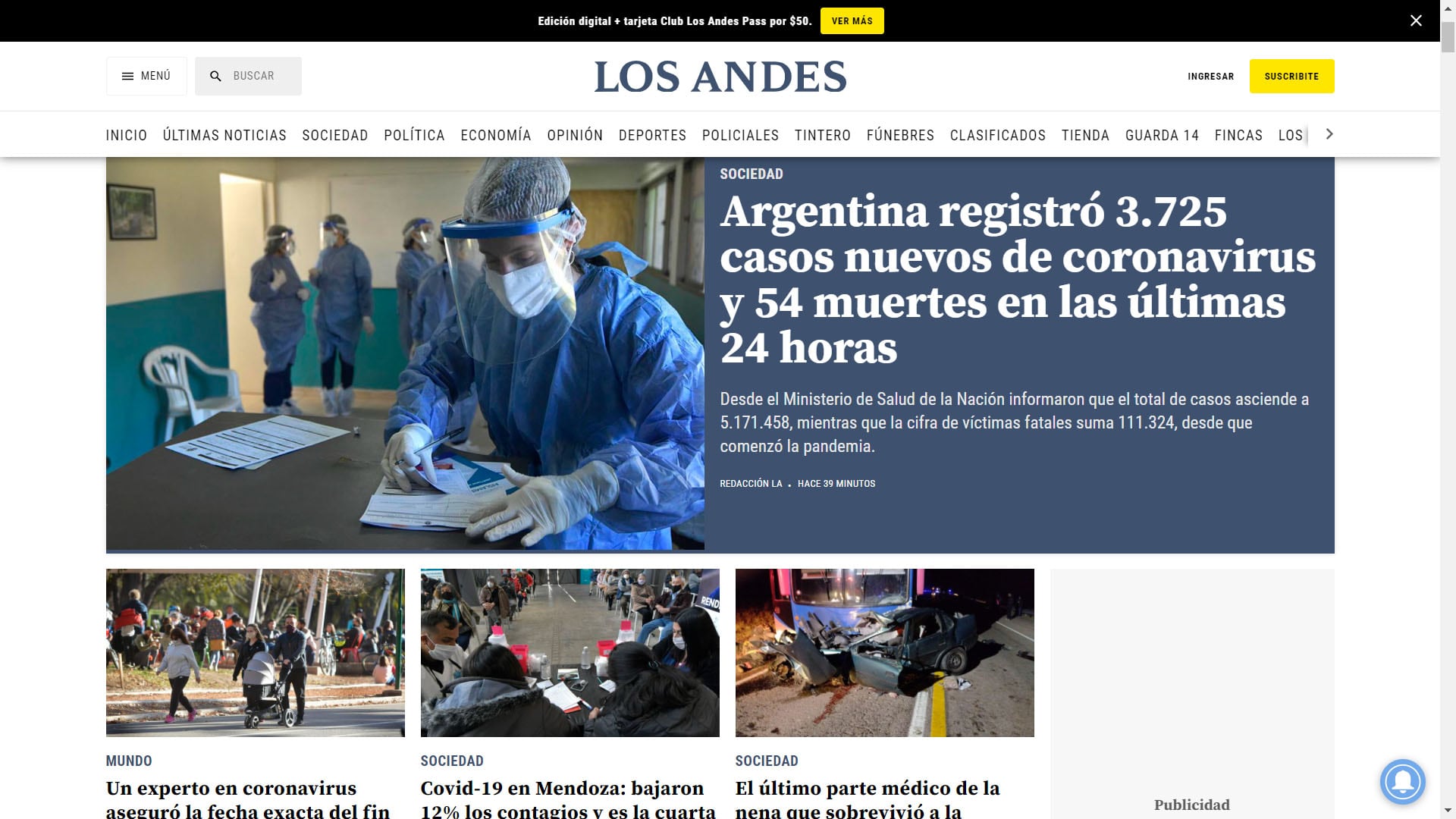 Pantalla principal de la web de Diario Los Andes.