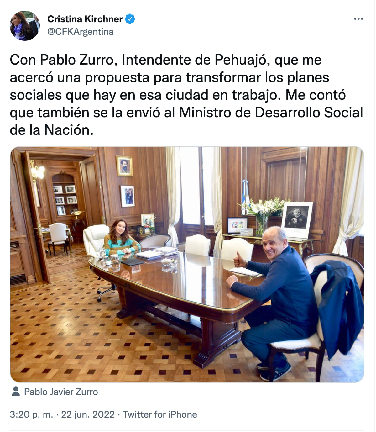 Mensaje de Cristina Kirchner tras reunirse con Pablo Zurro, Intendente de Pehuajó