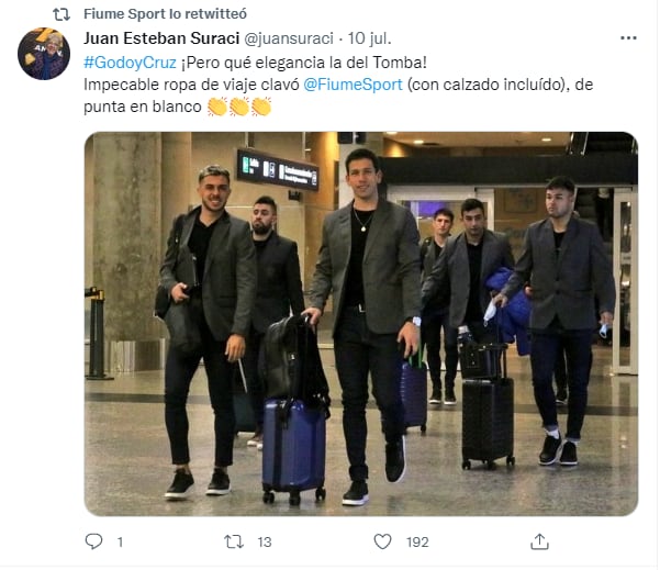 El reconocido periodista mendocino, fanático de Godoy Cruz, Juan Esteban Suraci participó en redes reconociendo el buen gusto y la clase con la que arribaron los jugadores por la ropa de viaje que la marca les proporcionó en esta oportunidad.