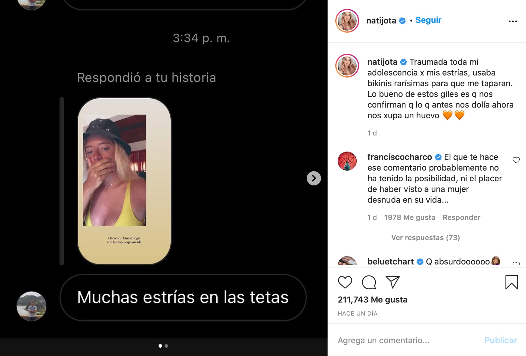 La influencer no lo hizo con intención de escrachar, sino como una demostración en apoyo a las mujeres.