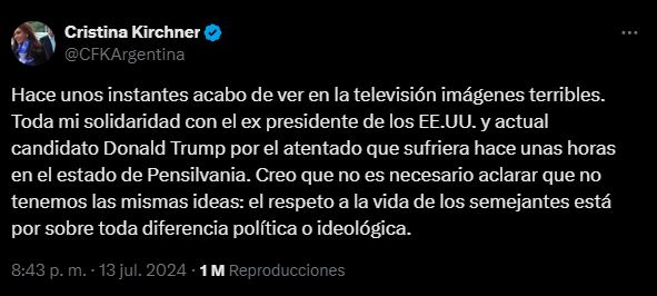 El mensaje de Cristina Kirchner tras el atentado contra Donald Trump en Pensilvania. Foto: captura.