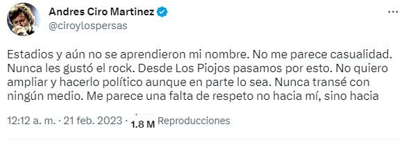 El descargo de Ciro en Twitter. Foto: captura de pantalla.