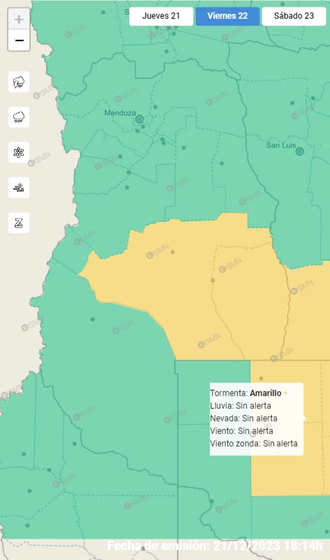 Mapa de alerta amarilla del Servicio Meteorológico Nacional para mañana, viernes 22 de diciembre.