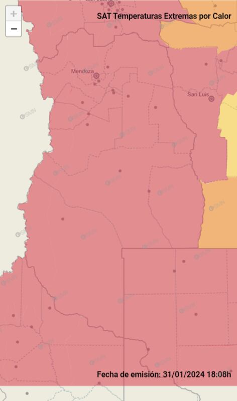 Mapa de temperaturas extremas del Servicio Meteorológico Nacional para Mendoza.