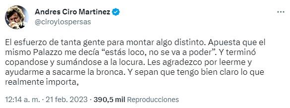 El descargo de Ciro en Twitter. Foto: captura de pantalla.