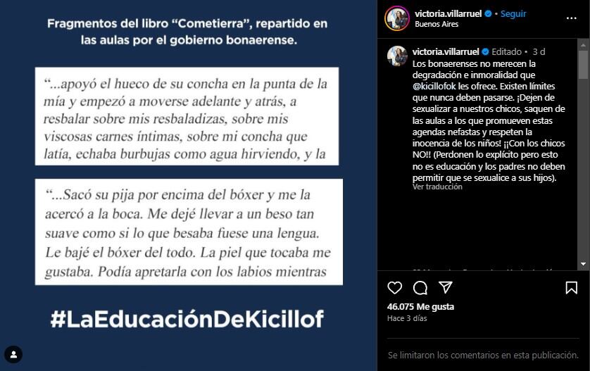 La publicación de Victoria Villarruel contra Kicillof por los libros que reparten en las escuelas bonaerenses. Foto: captura.