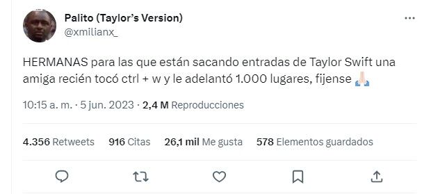 El "truco" para sacar entradas de Taylor Swift en Argentina que desató revuelo en Twitter (Captura)