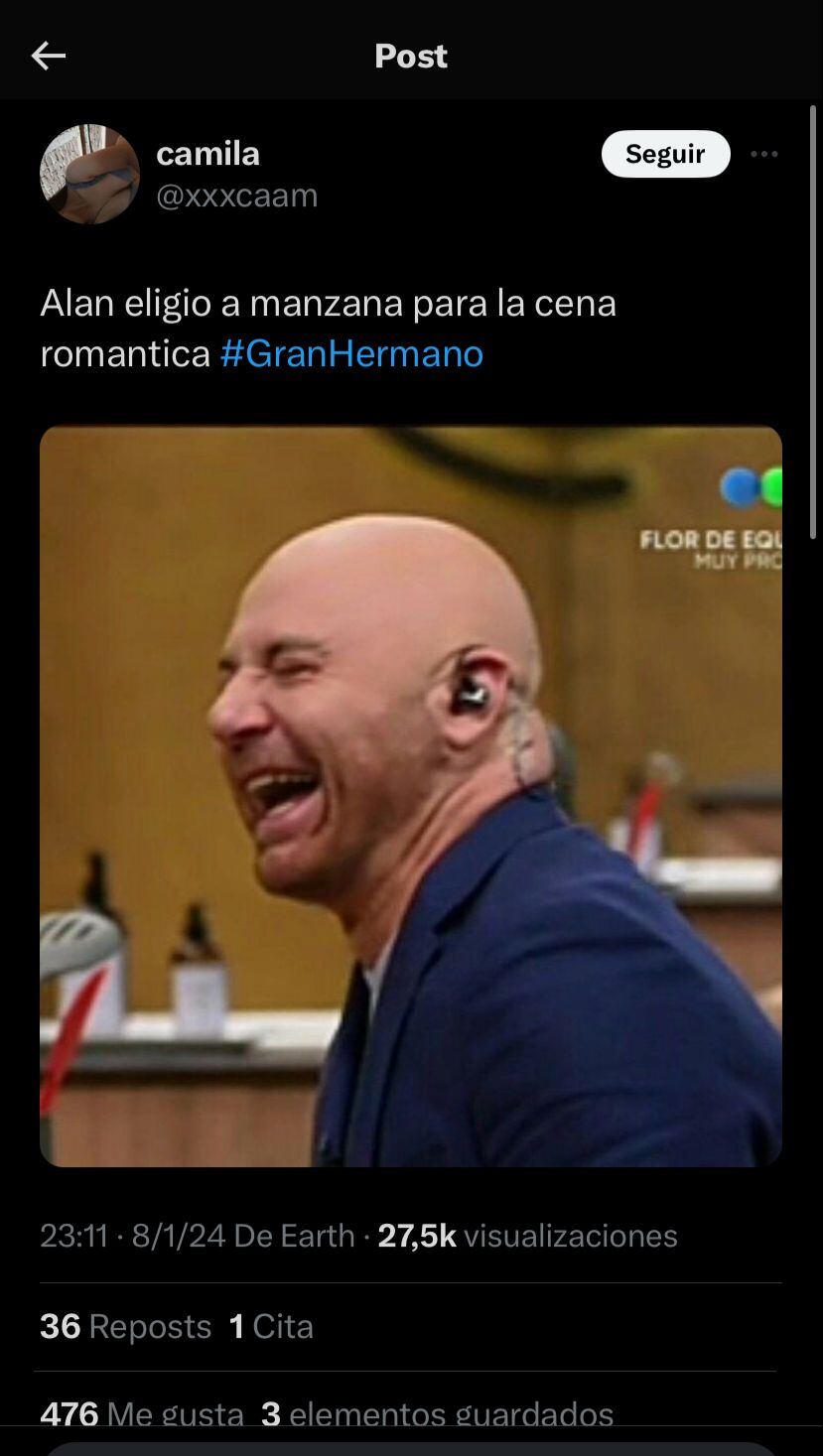 Alan, el blanco de memes por elegir a Manzana para una noche romántica en Gran Hermano. Captura de pantalla.