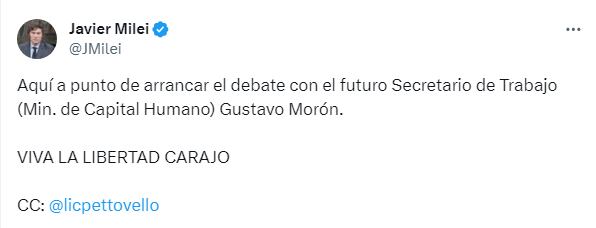 El tuit con el que dio a conocer Milei la designación de Gustavo Morón.