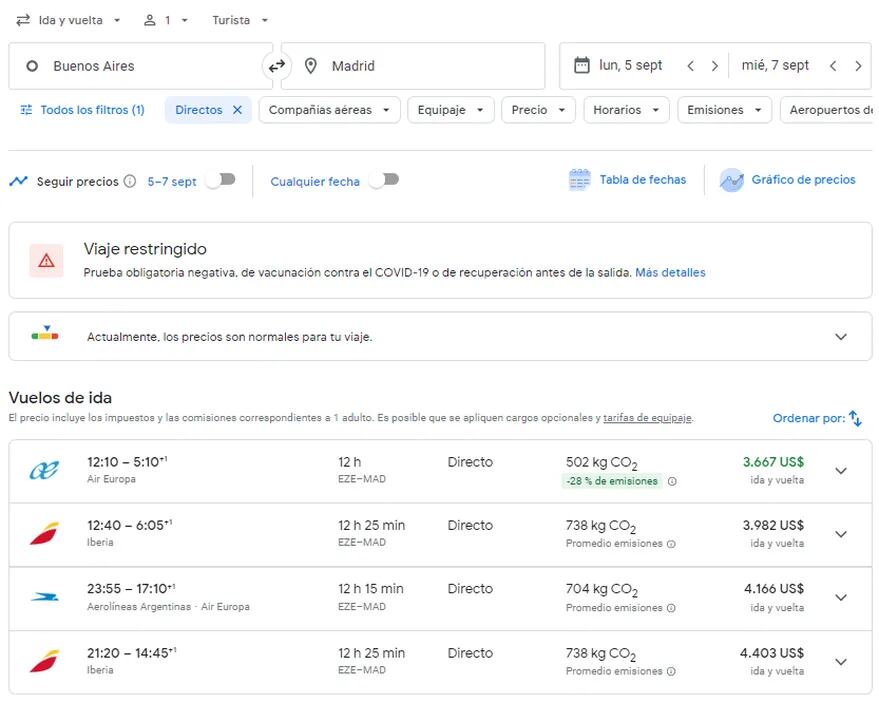Los precios de vuelos de Buenos Aires a Madrid. Foto: Captura Google Flight