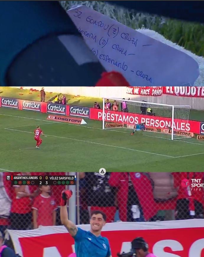 El machete de penales que tenía el arquero de Vélez, en la definición de semifinal de la Copa de la LPF, ante Argentinos jrs.