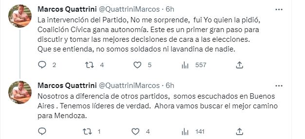 El presidente de la Coalición Cívica, Marcos Quattrini se refirió a la intervención.