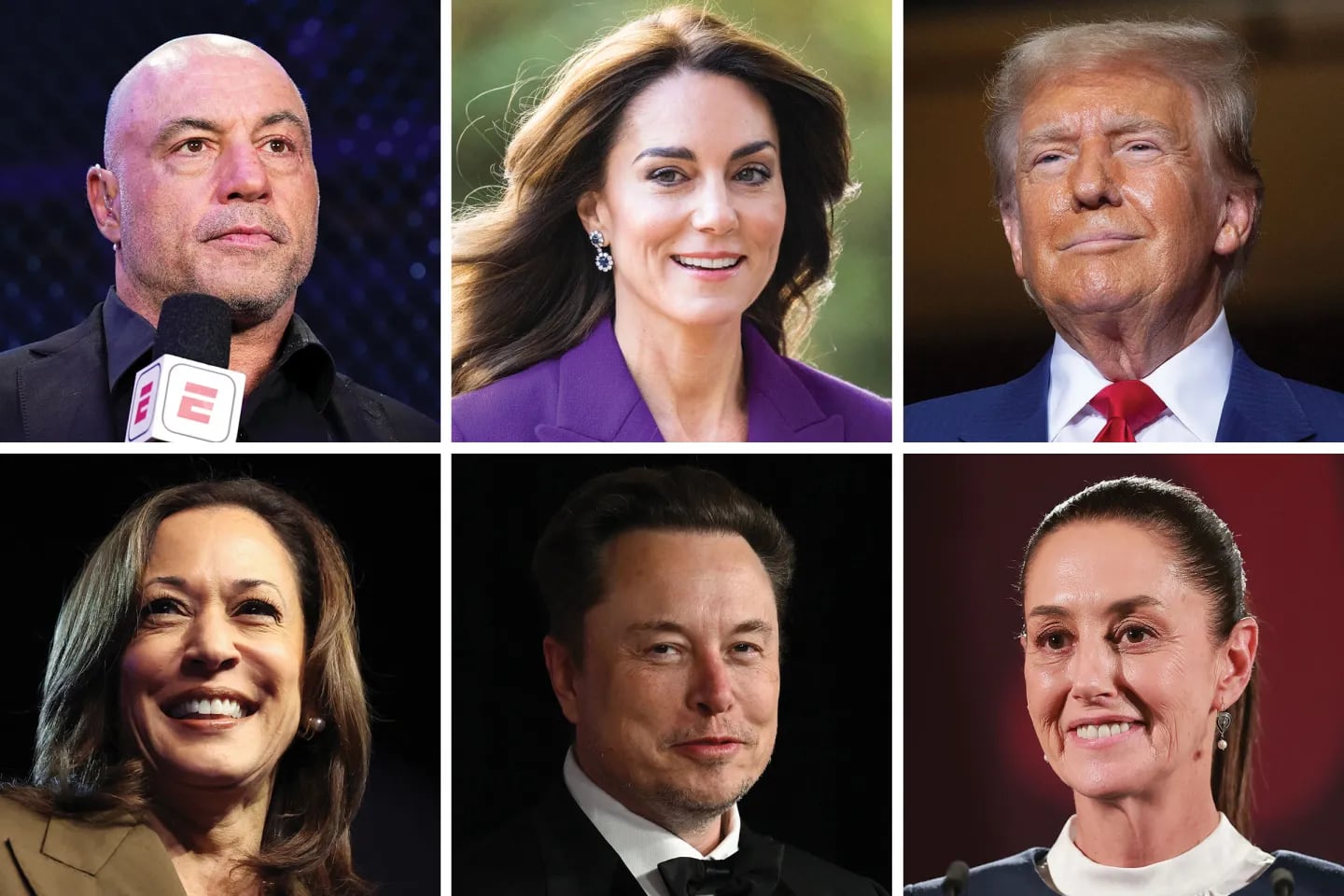 Seis de los 10 nominados por la revista Time: joe Rogan, Kate Middleton, Donald Trump, Kamala Harris, Elon Musk y Claudia Sheinbaum. (Gentileza Revista Time)