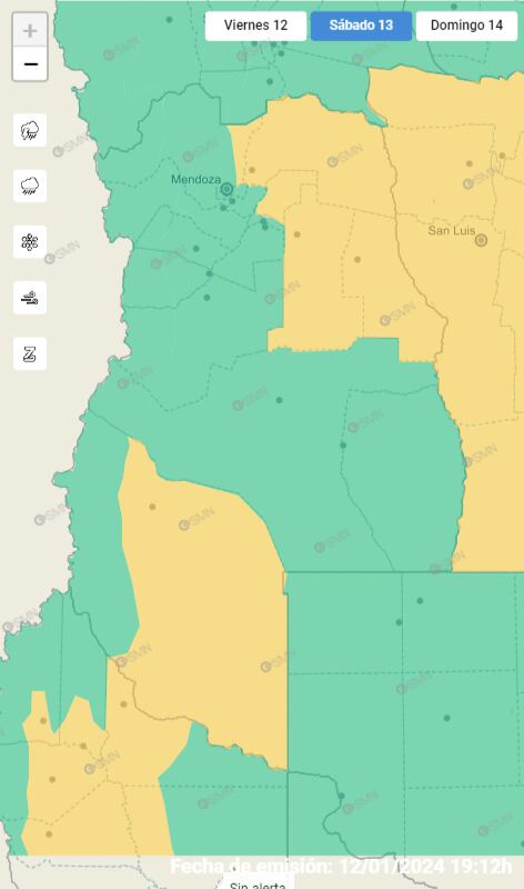 Mapa de alertas del Servicio Meteorológico Nacional para el sábado 13 de enero. Foto: SMN