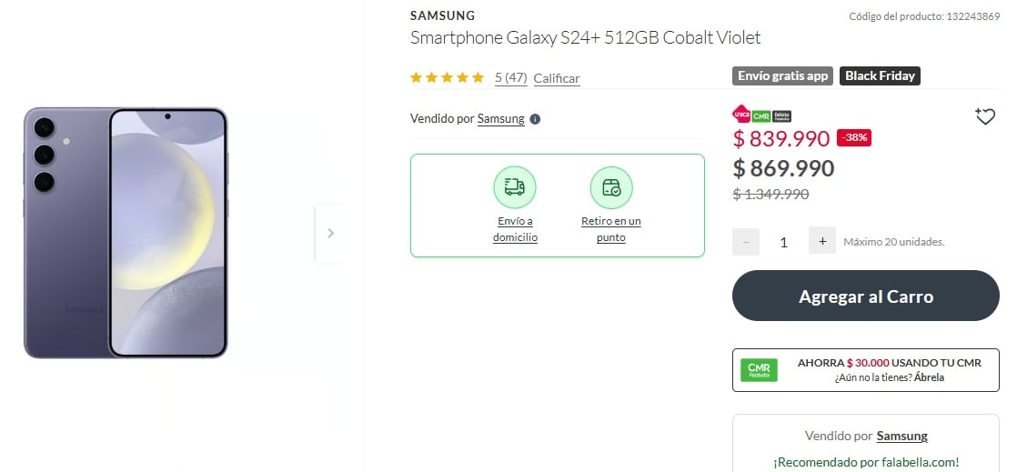 La tienda de Falabella ofrece un Celular Samsung Galaxy S24+ a un precio promocional de $839.990 chilenos.