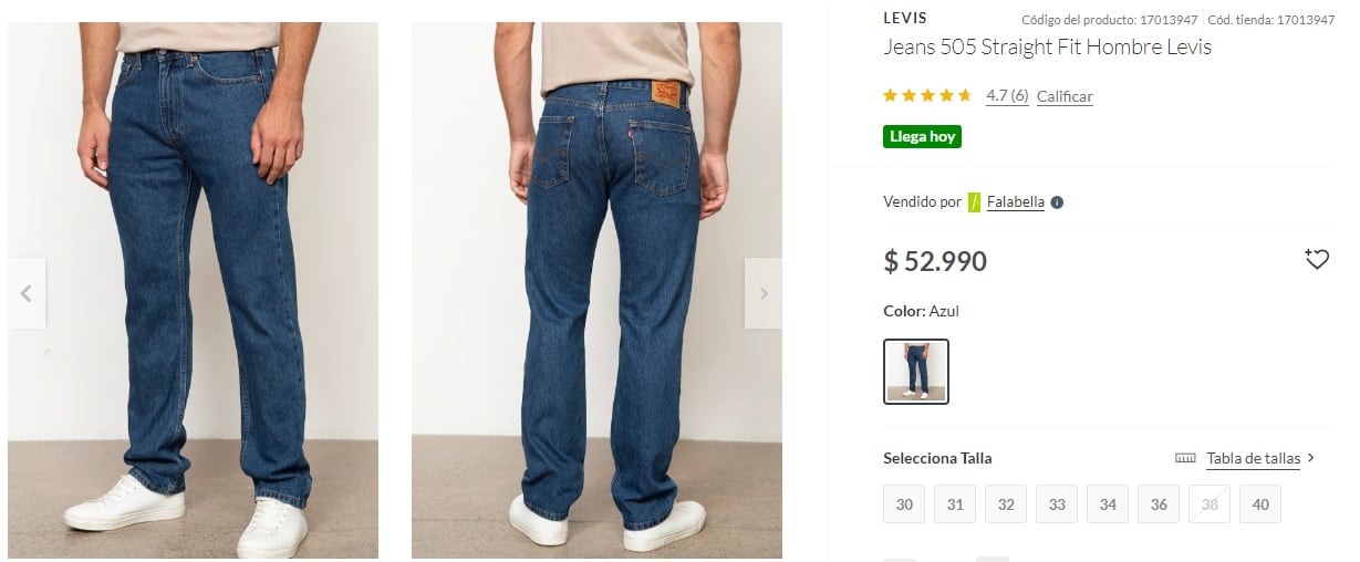 El modelo de jeans Levi’s 505, disponible en la tienda oficial de Falabella por $52.990 chilenos.