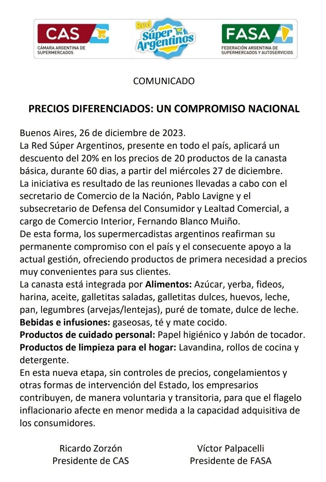 Supermercados acordaron una canasta de “Precios diferenciados” por 60 días, desde el 27 de diciembre de 2023