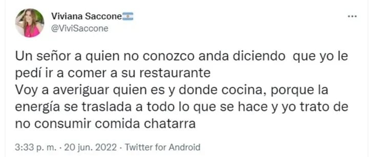 El posteo de Viviana Saccone contra el chef