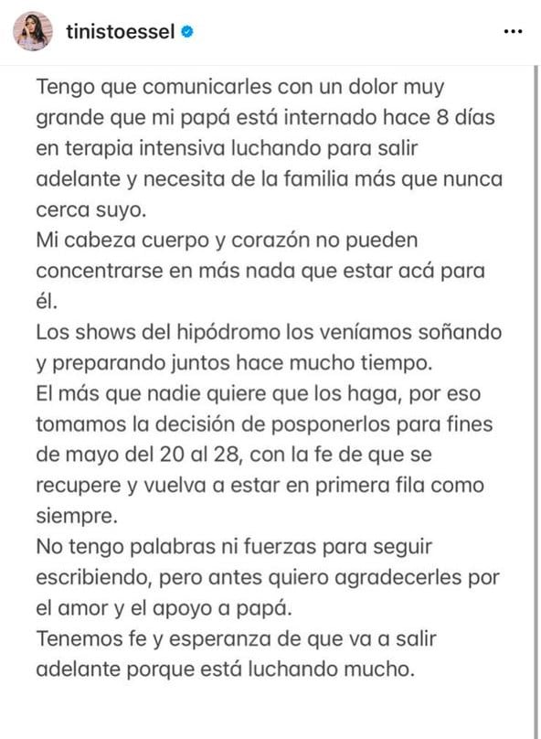 Tini publicó un sentido comunicado mediante sus redes sociales donde manifestó su decisión de suspender sus shows.