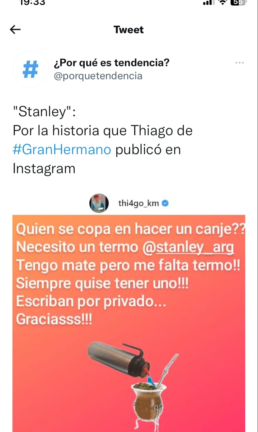 Thiago, ex Gran Hermano, pidió canje de Stanley y desató el debate.