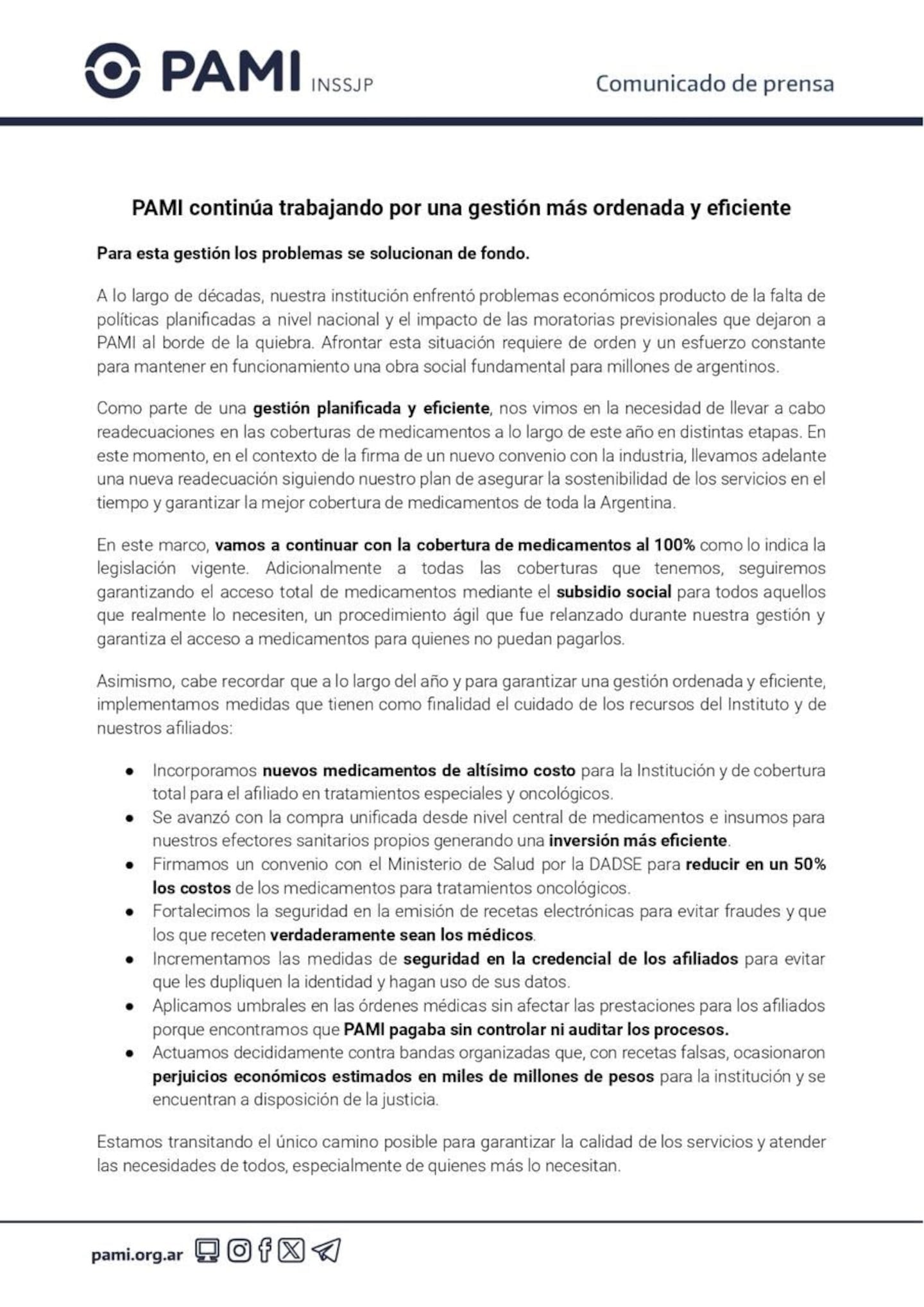 El comunicado del PAMI donde detalla los cambios para poder acceder al 100% de la cobertura de medicamentos.