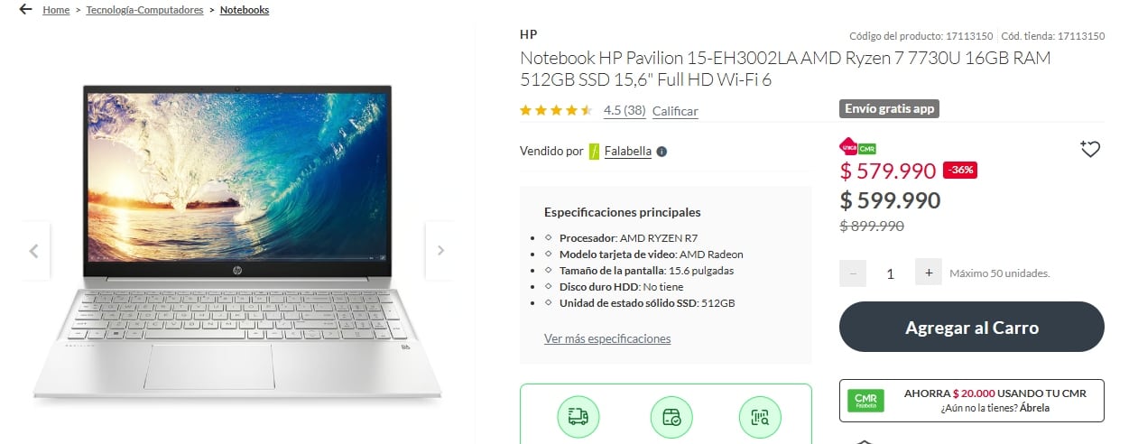 La tienda de Falabella ofrece una notebook Notebook HP Pavilion 15 a un precio promocional de $579.990 chilenos.