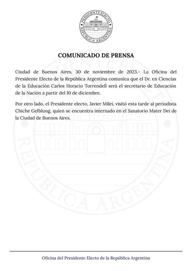 Javier Milei designó a Carlos Torrendell como secretario de Educación - Comunicado Oficina del Presidente Javier Milei