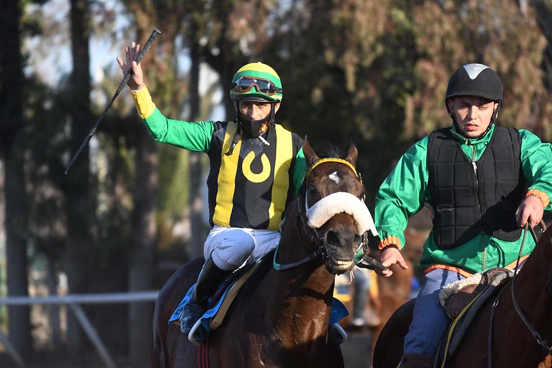 El jockey Gomez D. montado sobre Macklín ganadores del premio clásico  Santo Patrono Santiago