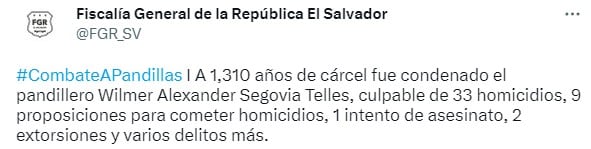 La Fiscalía General de la República El Salvador se expresó vía Twitter. Foto: Captura de Pantalla. 