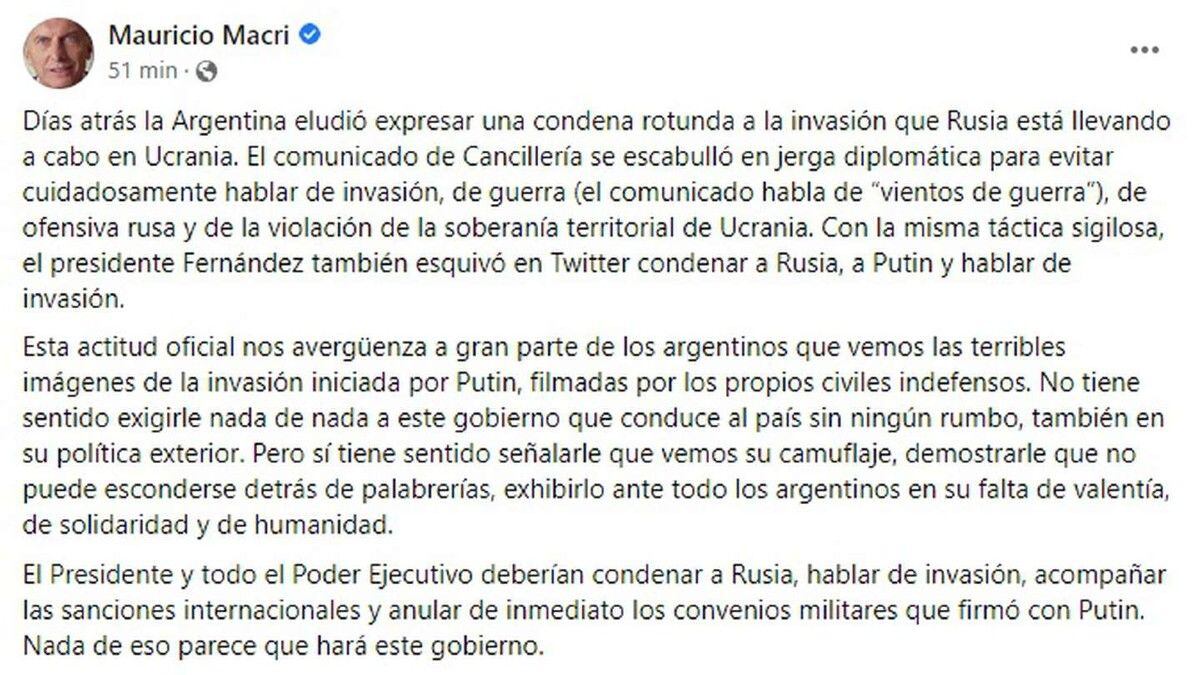 Mauricio Macri publicó una carta criticando nuevamente al gobierno.