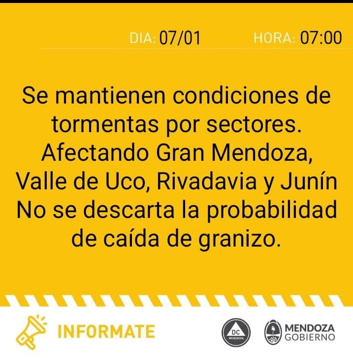 Alerta amarilla por tormentas en Mendoza. - Defensa Civil