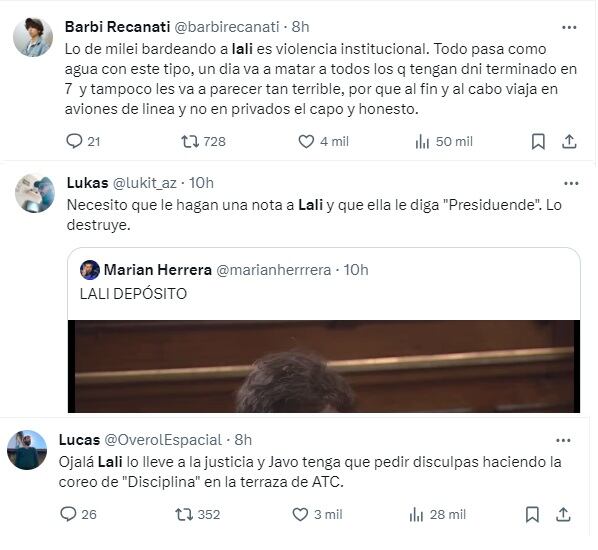 Lali "Depósito": en las redes salieron a defender a la cantante tras la dura crítica de Milei en TV (X)