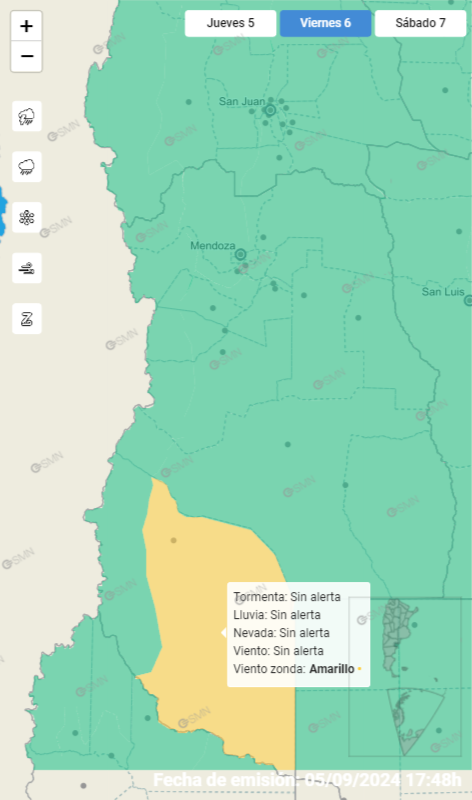 El SMN emitió una alerta amarilla por viento zonda en Malargüe.
