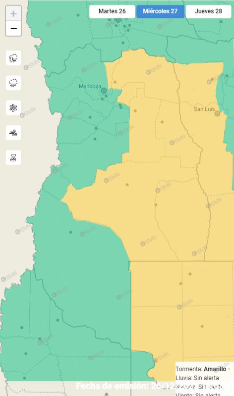 Mapa de alerta amarilla por tormentas del Servicio Meteorológico Nacional para este miércoles 27 de diciembre.