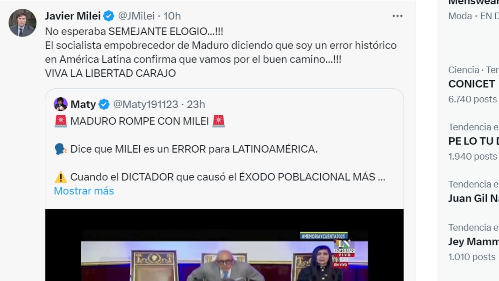 La respuesta del presidente Milei en su cuenta de X (captura de pantalla)