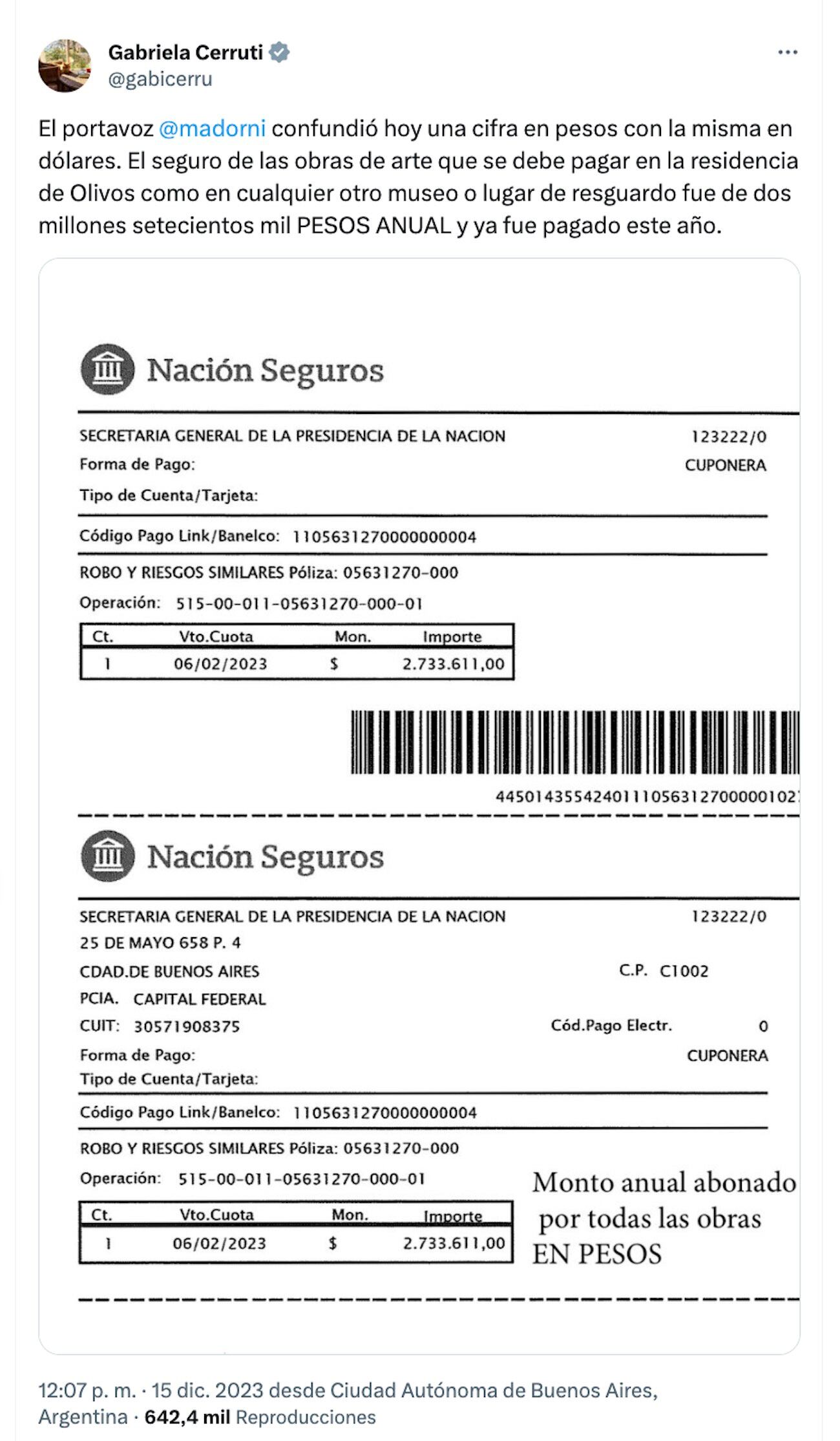 La ex portavoz del gobierno, Gabriela Cerruti, salió a aclararle al vocero Manuel Adorni sus declaraciones sobre los seguros de cuadros. Foto: Twitter