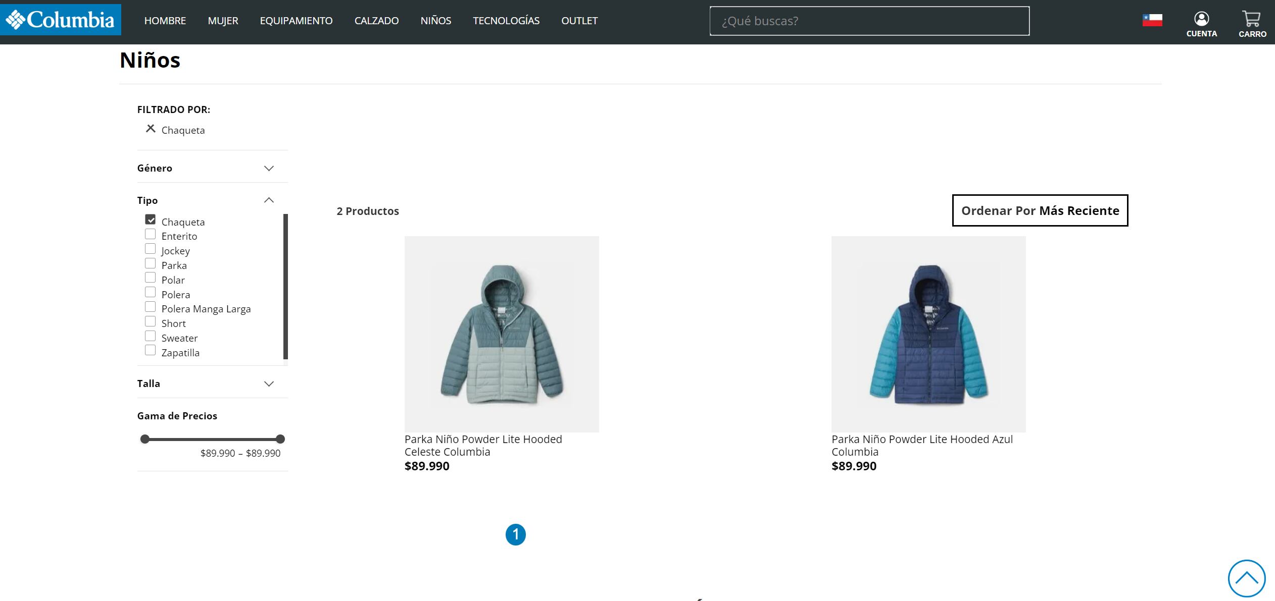 Campera Columbia niños, precio Chile.