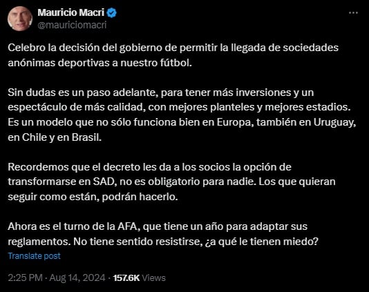 Las palabras del expresidente Mauricio Macri sobre la decisión del Gobierno de habilitar las SAD. Captura X (archivo).