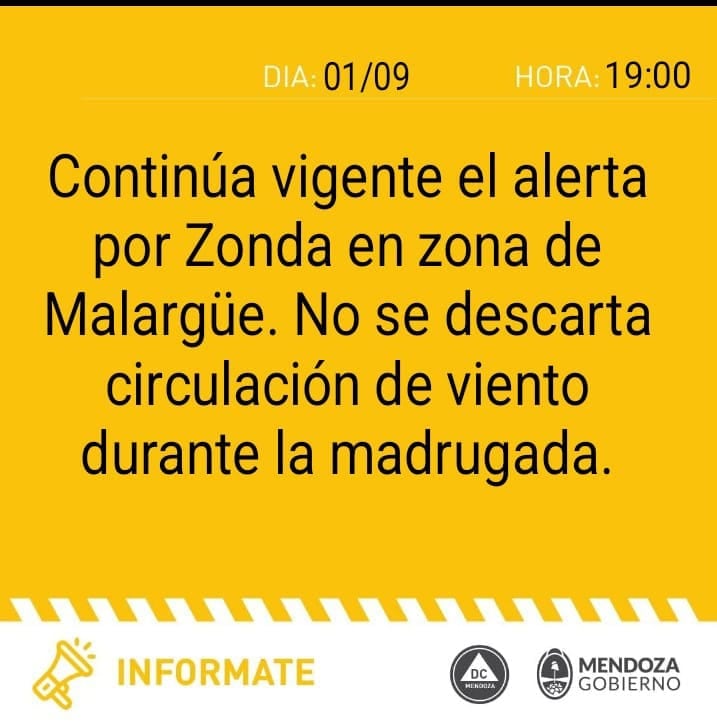 Alerta por Zonda desde Defensa Civil de Mendoza. Imagen: Facebook