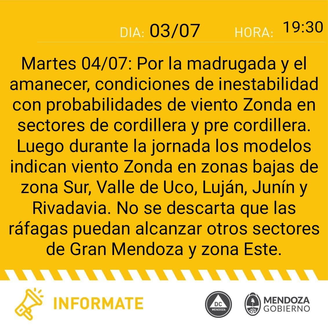 Información sobre el clima para Mendoza. Gentileza: Defensa Civil.