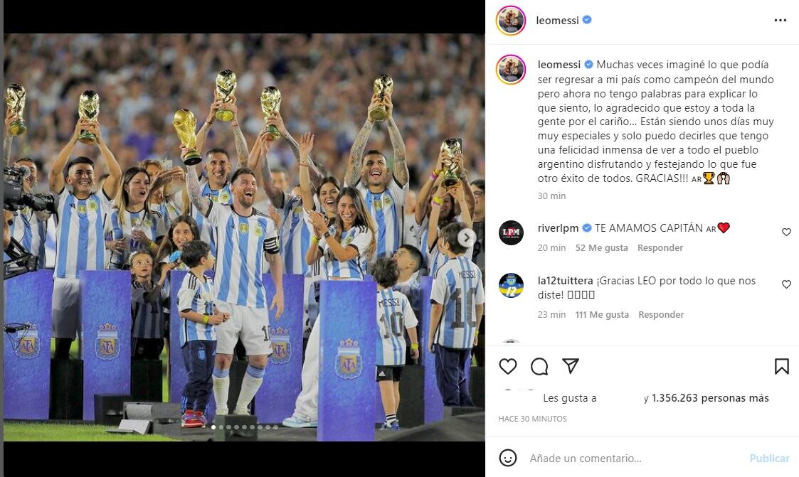 El posteo de Lionel Messi sobre la fiesta de los campeones del mundo (Instagram)