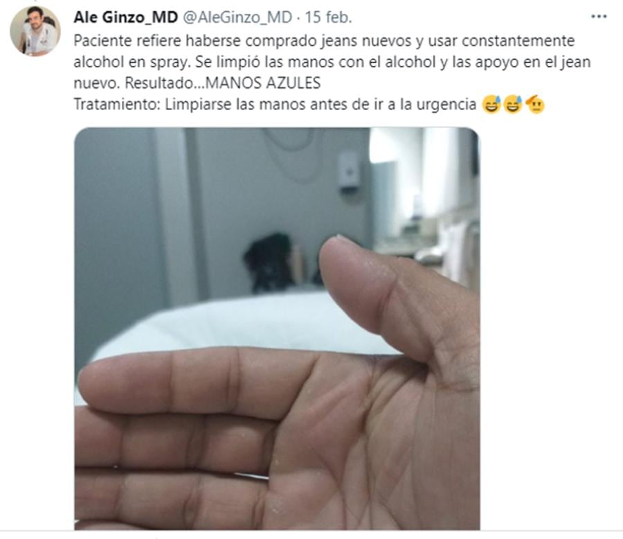 El resultado: manos azules. Tratamiento: Limpiarse las manos antes de ir a la urgencia, escribió el médico. Gentileza: La Gaceta.